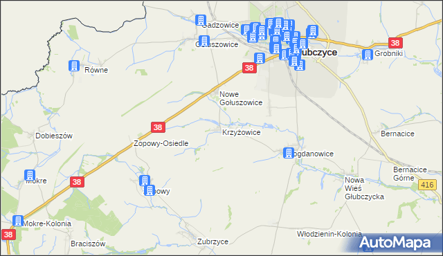 mapa Krzyżowice gmina Głubczyce, Krzyżowice gmina Głubczyce na mapie Targeo