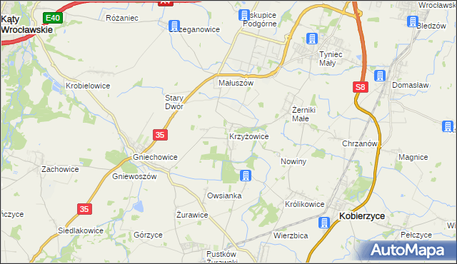 mapa Krzyżowice gmina Kobierzyce, Krzyżowice gmina Kobierzyce na mapie Targeo