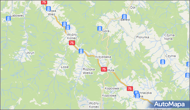 mapa Krzyżówka gmina Łabowa, Krzyżówka gmina Łabowa na mapie Targeo