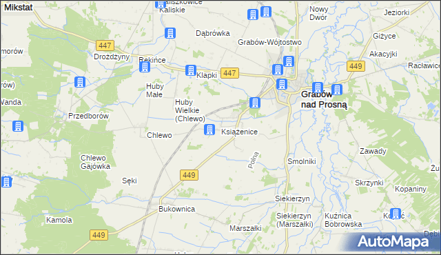 mapa Książenice gmina Grabów nad Prosną, Książenice gmina Grabów nad Prosną na mapie Targeo