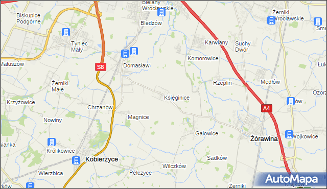 mapa Księginice gmina Kobierzyce, Księginice gmina Kobierzyce na mapie Targeo