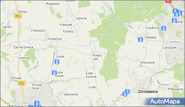 mapa Księży Las gmina Zbrosławice, Księży Las gmina Zbrosławice na mapie Targeo