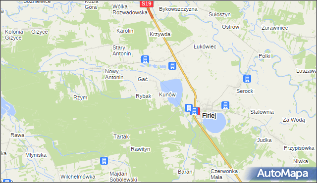 mapa Kunów gmina Firlej, Kunów gmina Firlej na mapie Targeo