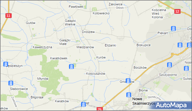 mapa Kurów gmina Nowe Skalmierzyce, Kurów gmina Nowe Skalmierzyce na mapie Targeo