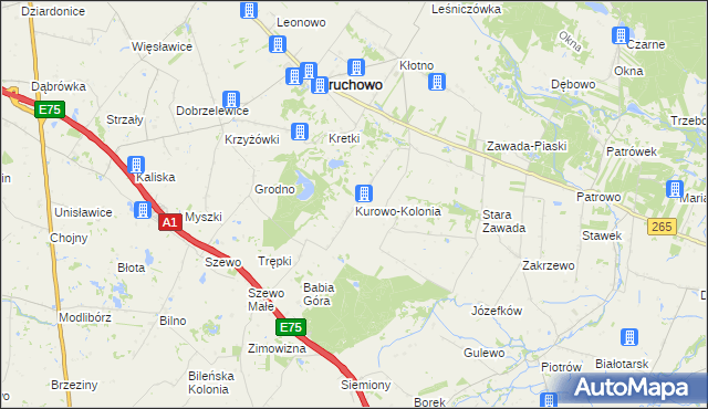 mapa Kurowo-Kolonia gmina Baruchowo, Kurowo-Kolonia gmina Baruchowo na mapie Targeo