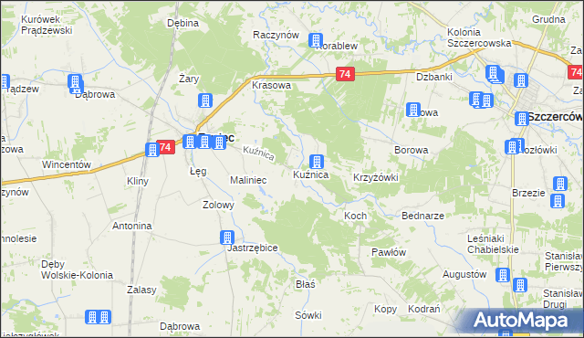 mapa Kuźnica gmina Rusiec, Kuźnica gmina Rusiec na mapie Targeo