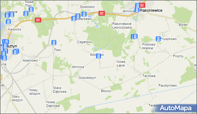 mapa Łąkie gmina Rakoniewice, Łąkie gmina Rakoniewice na mapie Targeo