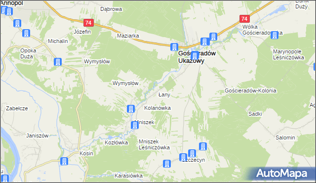 mapa Łany gmina Gościeradów, Łany gmina Gościeradów na mapie Targeo