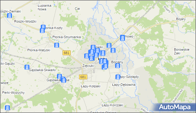 mapa Łapy, Łapy na mapie Targeo