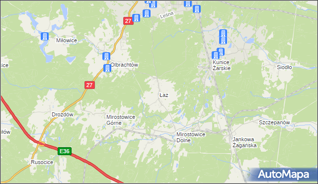 mapa Łaz gmina Żary, Łaz gmina Żary na mapie Targeo