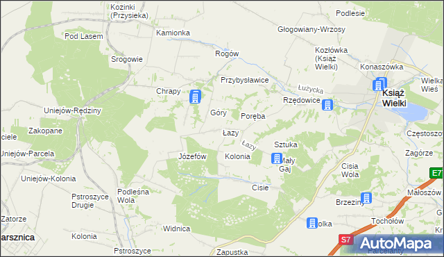 mapa Łazy gmina Książ Wielki, Łazy gmina Książ Wielki na mapie Targeo