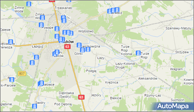 mapa Łazy gmina Łuków, Łazy gmina Łuków na mapie Targeo