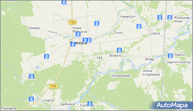 mapa Łęg gmina Rzeczyca, Łęg gmina Rzeczyca na mapie Targeo