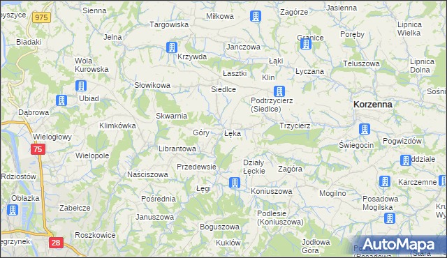 mapa Łęka gmina Korzenna, Łęka gmina Korzenna na mapie Targeo