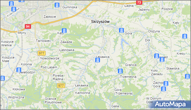 mapa Łękawica gmina Skrzyszów, Łękawica gmina Skrzyszów na mapie Targeo