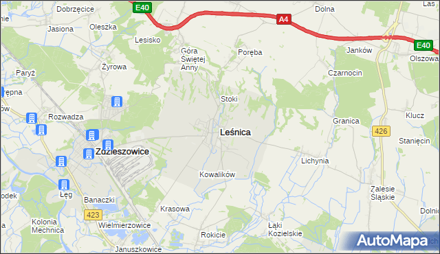 mapa Leśnica powiat strzelecki, Leśnica powiat strzelecki na mapie Targeo