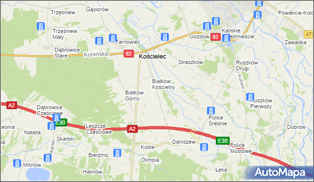 mapa Leszcze gmina Kościelec, Leszcze gmina Kościelec na mapie Targeo