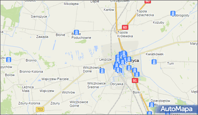 mapa Leszcze gmina Łęczyca, Leszcze gmina Łęczyca na mapie Targeo