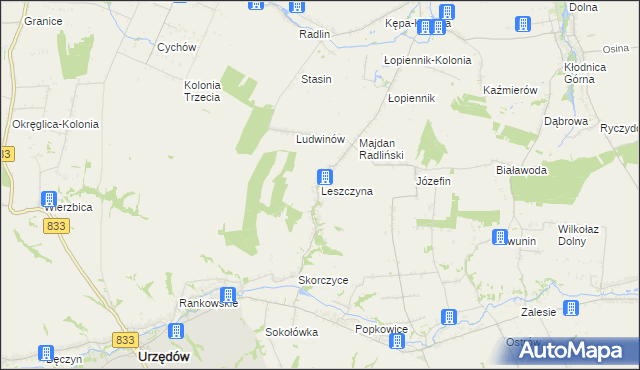 mapa Leszczyna gmina Urzędów, Leszczyna gmina Urzędów na mapie Targeo