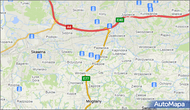 mapa Libertów gmina Mogilany, Libertów gmina Mogilany na mapie Targeo