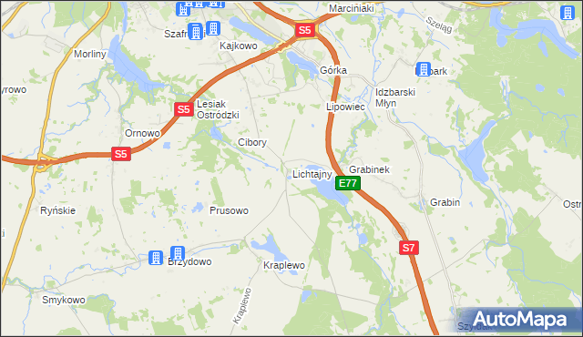 mapa Lichtajny gmina Ostróda, Lichtajny gmina Ostróda na mapie Targeo