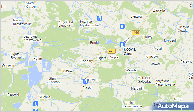 mapa Ligota gmina Kobyla Góra, Ligota gmina Kobyla Góra na mapie Targeo