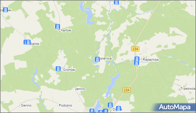 mapa Lipienica gmina Ośno Lubuskie, Lipienica gmina Ośno Lubuskie na mapie Targeo