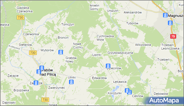 mapa Lipinki gmina Grabów nad Pilicą, Lipinki gmina Grabów nad Pilicą na mapie Targeo