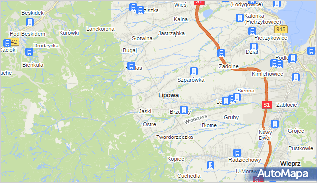 mapa Lipowa powiat żywiecki, Lipowa powiat żywiecki na mapie Targeo