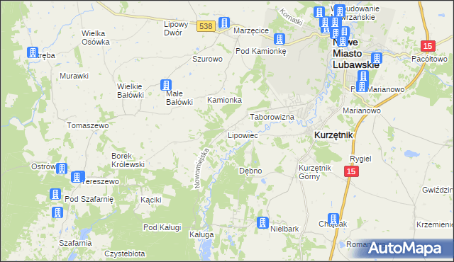 mapa Lipowiec gmina Kurzętnik, Lipowiec gmina Kurzętnik na mapie Targeo