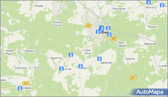 mapa Lisia Góra gmina Jasień, Lisia Góra gmina Jasień na mapie Targeo