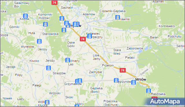 mapa Lisie Jamy gmina Mniów, Lisie Jamy gmina Mniów na mapie Targeo