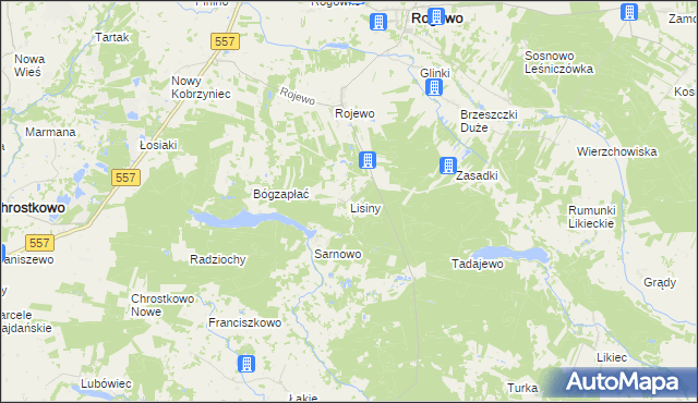 mapa Lisiny gmina Rogowo, Lisiny gmina Rogowo na mapie Targeo