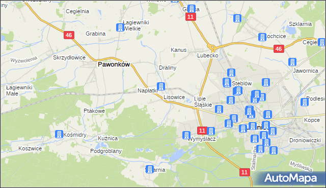 mapa Lisowice gmina Pawonków, Lisowice gmina Pawonków na mapie Targeo
