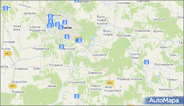 mapa Łobudzice gmina Zelów, Łobudzice gmina Zelów na mapie Targeo