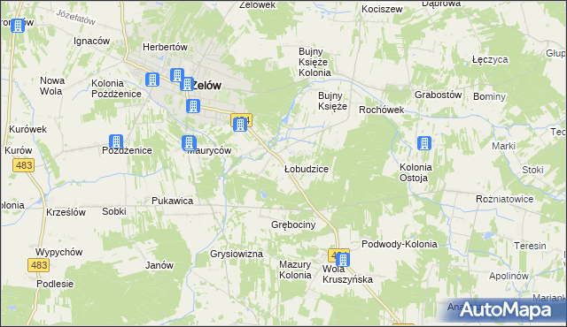 mapa Łobudzice gmina Zelów, Łobudzice gmina Zelów na mapie Targeo