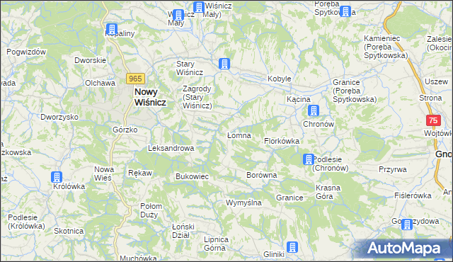 mapa Łomna gmina Nowy Wiśnicz, Łomna gmina Nowy Wiśnicz na mapie Targeo