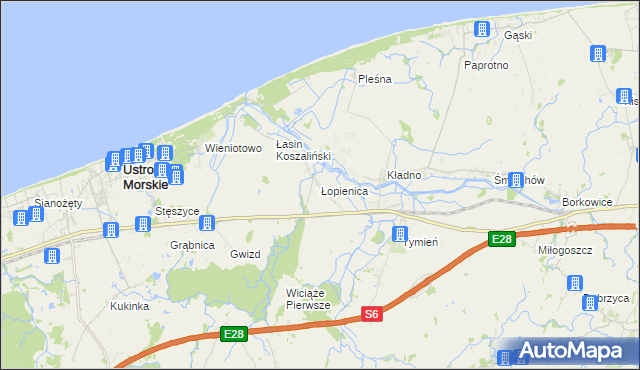 mapa Łopienica gmina Będzino, Łopienica gmina Będzino na mapie Targeo