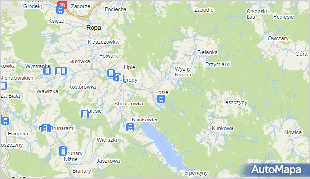 mapa Łosie gmina Ropa, Łosie gmina Ropa na mapie Targeo