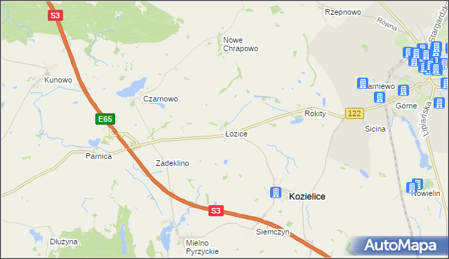 mapa Łozice gmina Kozielice, Łozice gmina Kozielice na mapie Targeo