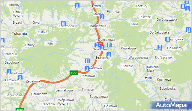 mapa Lubień powiat myślenicki, Lubień powiat myślenicki na mapie Targeo