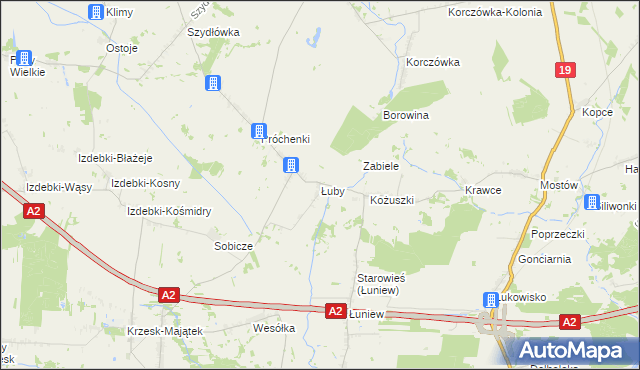 mapa Łuby gmina Międzyrzec Podlaski, Łuby gmina Międzyrzec Podlaski na mapie Targeo