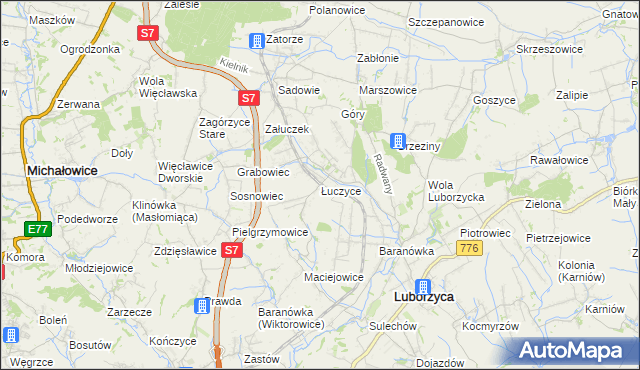 mapa Łuczyce gmina Kocmyrzów-Luborzyca, Łuczyce gmina Kocmyrzów-Luborzyca na mapie Targeo