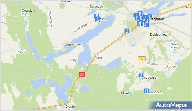 mapa Ługi gmina Dobiegniew, Ługi gmina Dobiegniew na mapie Targeo