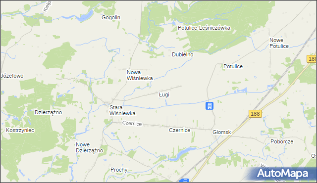 mapa Ługi gmina Zakrzewo, Ługi gmina Zakrzewo na mapie Targeo