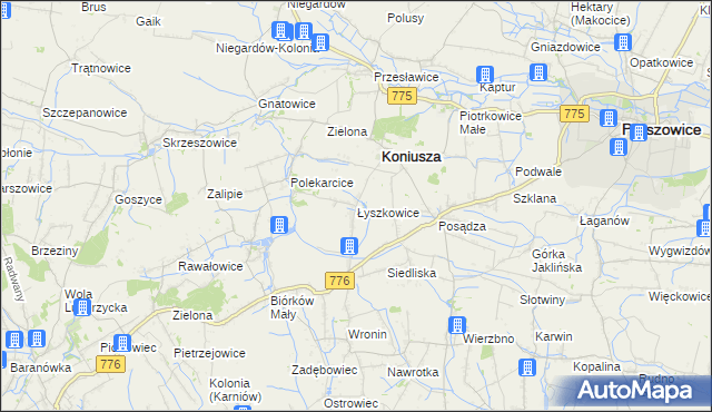 mapa Łyszkowice gmina Koniusza, Łyszkowice gmina Koniusza na mapie Targeo