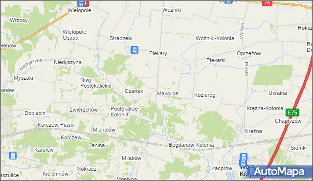 mapa Mąkolice gmina Wola Krzysztoporska, Mąkolice gmina Wola Krzysztoporska na mapie Targeo