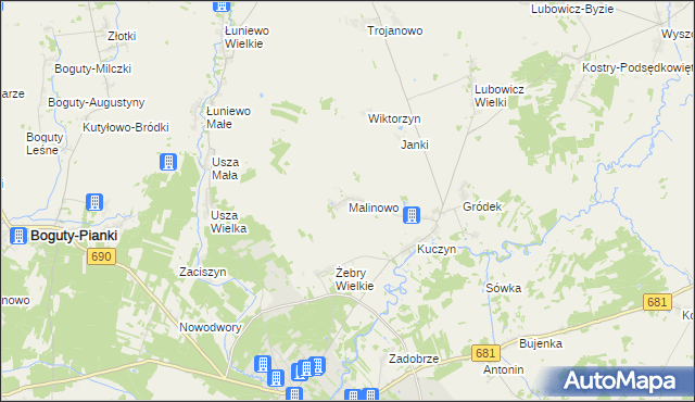 mapa Malinowo gmina Klukowo, Malinowo gmina Klukowo na mapie Targeo