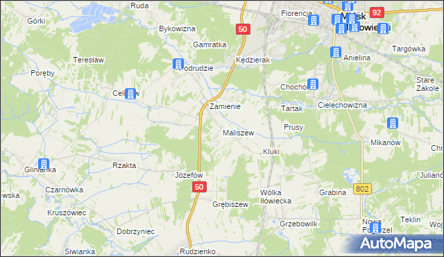 mapa Maliszew gmina Mińsk Mazowiecki, Maliszew gmina Mińsk Mazowiecki na mapie Targeo