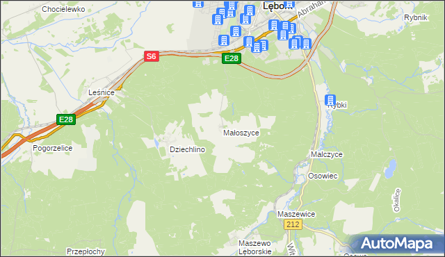 mapa Małoszyce gmina Nowa Wieś Lęborska, Małoszyce gmina Nowa Wieś Lęborska na mapie Targeo
